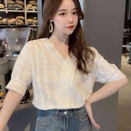 Summer Blouse Short Sleeve Solid Women OL Plus Size V Neck Shirts Tops Pullover White Blusas 8974 50 210508