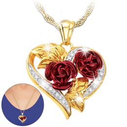 Love Heart Red Rose Pendant Necklace For Women Girl Gold Colour Chain Choker Fashion Jewellery Christmas Valentine's Gift