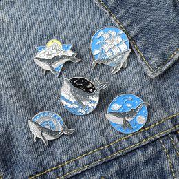 Vintage Round Shape Whale Boat Enamel Brooches Pin for Women Fashion Dress Coat Shirt Demin Metal Funny Brooch Pins Badges Promotion Gift New Design