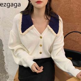 Ezgaga Tender Turn-Down Collar Sweater Women Casual Chic Patchwork Contrast Loose Lantern Sleeve Button Knitted Cardigan Elegant 210430