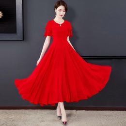 Casual Dresses 2021 Summer Chiffon Round Neck Dress Simple Women Double Layer Lotus Sleeves Temperament Slimming Long