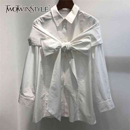 Patchwork Bowknot Korean Shirt For Women Lapel Long Sleeve Casual Solid Blouse Female Fashion Clothing 210524