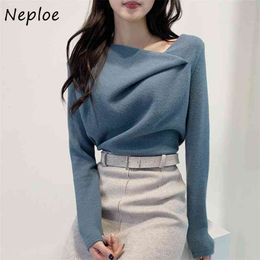 Skew Collar Irregular Knitted Sweater Women Chic Autumn Winter Elegant Femme Pullovers Solid Colour Simple All-match Tops 210422