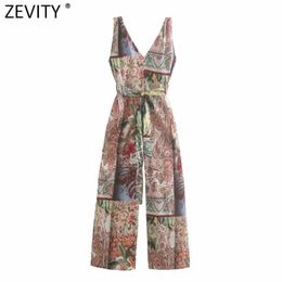 Zevity Women Vintage Cloth Patchwork Totem Floral Print Sashes Ankle Length Jumpsuits Chic Ladies Casual Wide Leg Rompers P1135 210603