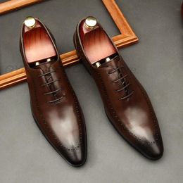 Luxury Oxford Shoes Men Dress Shoes Leather Italian Black Brown Hand-polished Pointed Toe Lace Up Wedding Office Formal Shoes