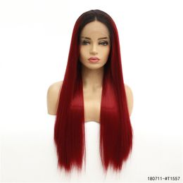 12~26 inches Long Synthetic Lace Front Wigs Silky Straight Burgundy Color Simulation Human Hair Wig 180711-#T1557