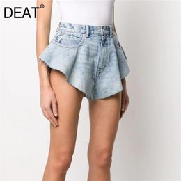 DEAT summer fashion mesh clothing light blue denim washed pockets zippers shorts female bottoms WL38605L 210625