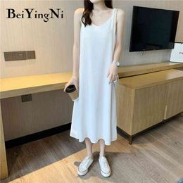 Plus Size Strap Dresses Womens Solid V-neck Chiffon Midi Casual Loose Korean Dress Elegant Fashion Vestidos 2XL Robe 210506