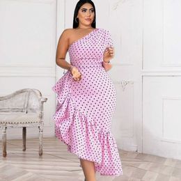 Irregular Pink Dresses Plus Size Women Sexy One Shoulder High Waist Ruffles Midi Length Summer Event Club Robe Drop XXL 210527