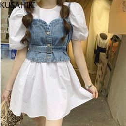 Woman Dress Sets Demin Slim Short Sling Vest + Puff Sleeve O-neck Sweet Dresses Korean Summer 2pieces Suits 6J729 210603
