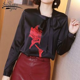 blusa mujer moda ladies tops and blouses stain shirt Vintage stand collar black print silk blouse women shirts 6870 50 210417