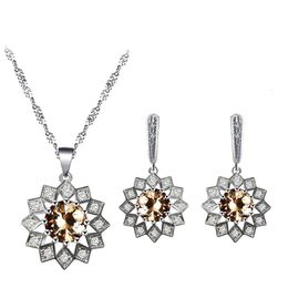 Earrings & Necklace Plant Flowers Light Orange Silver Plated Zircon Pendant Fashion Wedding Set Suit Female Models JS839