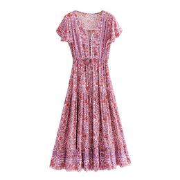 Jastie Summer Hippie Beach Dress Casual Women Boho Dresses Floral Print Midi Dress V Neck Sexy Ruffle Sleeve Vestidos 210419