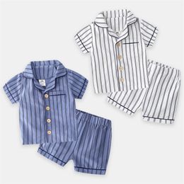 Hot Summer 2 3 4 6 8 10 Years Short Sleeve Sleepwear Shirt+Shorts 2 Pieces Tracksuit For Kids Baby Boys Striped Pyjamas Set 210414