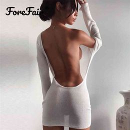 Forefair Bare Back See Through Dress Long Sleeve Knitted White Beach Sexy O Neck Summer Party Mini Skinny Dress Women 210719