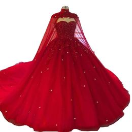 2022 Dark Red Modern Arabic Ball Gown Wedding Dresses Sweetheart Sleeveless With Cape Lace Appliques Crystal Beaded Plus Size Form176U