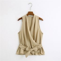 Summer Blouse for Women Solid Colour Khaki Elegant Bow Tie OL Shirts Sleeveless V neck Drap Tops Formal Blusa 210430