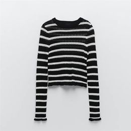 Fashion Woman Sweaters striped long sleeve Pointelle Knit Topd Women Sweter Winter Jerseys Pullover Round neck Top 210519