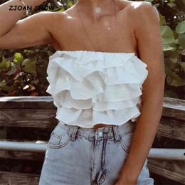 Summer Sexy Ruffles White Tank Top Strapless Backless Cropped Women Cross Bandage Lacing up Back Camis 210429