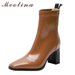 Short Boots Women Shoes Patent Leather High Heel Ankle Square Toe Thick Heels Zip Lady Autumn Black Brown 40 210517