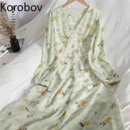 Korobov New Arrival Sweet Print V Neck Chiffon Dress Vintage Elegant Korean Female Dresses High Waist Slim A-Line Vestidos 210430