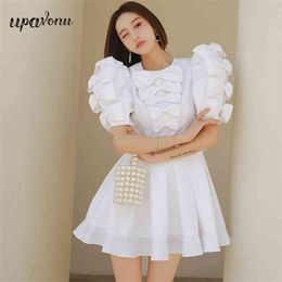 Free Sweet Beauty Dress Butterfly Summer O-Neck Hollow Puff Sleeve A Line Pleated Party Vestidos 210524