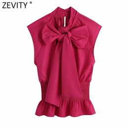 Women Sweet Solid Bow Collar Casual Shirt Female Sleeveless Elastic Ruffles Slim Vest Blouse Roupas Chic Tops LS9078 210416