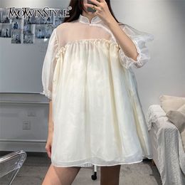 Loose Vintage Dress For Women Stand Collar Puff Sleeve Casual Elegant Summer Dresses Female Fashion Clothing 210520