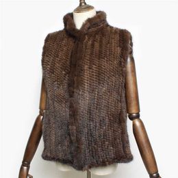 Fashion Knitted Real Mink Fur Vest Women Genuine 100%Natural Sleeveless Jacket Warm Outerwear 211220