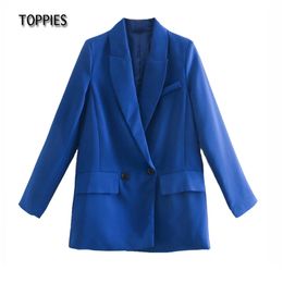 Woman Blazer Jacket Double Breated Long Ladies Suit Female Solid Color Loose Coat 210421