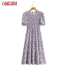 Tangada Women Pleated Flowers Print Long Dress O Neck Short Sleeve Summer Ladies Dress Vestidos SY211 210409