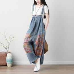 Women's Jumpsuits & Rompers Spring Summer Female Large Size Printing Bib Pants Art Wide Leg Washed Old Jeans