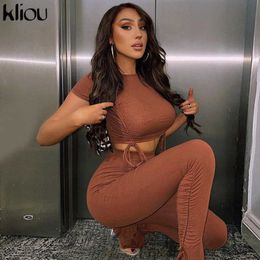 Kliou 2021 Solid Ribbed Two Piece Sets Women Drawstring Short Sleeve Tops+Stretchy Ruched Side Slit Pants Matching Outfits Hot Y0625