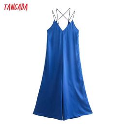 Tangada Women Blue Satin Long Jumpsuit Sleeveless Side Zipper Summer Female Casual Jumpsuit QD61 210609