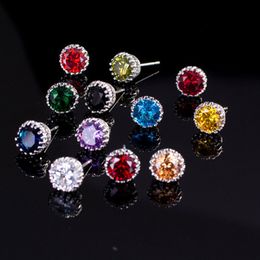 Fashion Colorful 8mm AAA Cubic Zirconia Designer Crown Earrings Stud Copper Round Cut Silver White Red Blue Yellow CZ Earring Jewelry For Women Party Gift