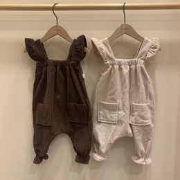 New Infant Kids Baby Boys Overalls Corduroy Girls Fly Sleeve Overalls Ruffle Jumpsuit Solid Children Casual Strap Pants 210413