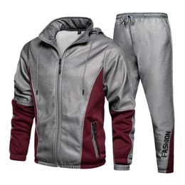 Men Tracksuit Patchwork Sportswear Autumn Hooded Men's Jacket +Printing Drawstring SportPants 2PC Men's Sets Jogging Suit 210603