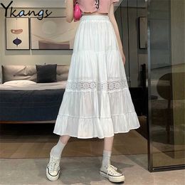 Embroidered Lace Hollow Out Pleated Skirt Women Solid Black White Ruffle Long Skirt Korean Students High Waist Summer Midi Saia 210619