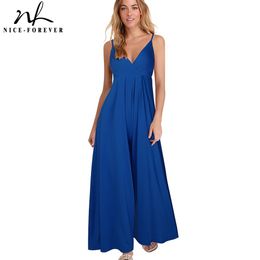 Nice-forever Casual Sexy V Neck Empire Loose Playsuits Summer Solid Colour Women Jumpsuits Romper 357 210419