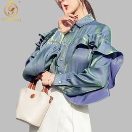 Spring Irregular lotus leaf flash Shirt Fashin Office Lady Blouse Female Long sleeve Casual Basic 210520