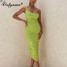 Colysmo Double Layers Mesh Dresses Summer One Shoulder Bodycon Sexy Ladies Green Midi Split Hem Elegant Party Long 210527