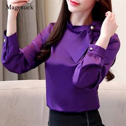 Spring Fashion Women Long Sleeve Blouses Office Lady Chiffon Bow Solid Stand-up Collar Shirts Plus Size Shirt 2223 210518