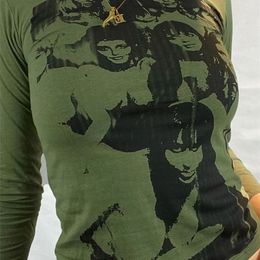Summer Long Sleeve T Shirt Green Women Print Sexy Basic 90s Casual Crop Tops Vintage Fashion 220226