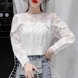 Cotton White Shirts For Women Vintage Embroidery Hollow Out Lace Shirt Tops Female Loose Office Casual Blouses Blusas 13293 210508