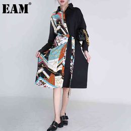 [EAM] Women Print Pattern Spliced Bandage Big Size Dress Lapel Long Sleeve Loose Fit Fashion Spring Autumn 1DD363201 21512