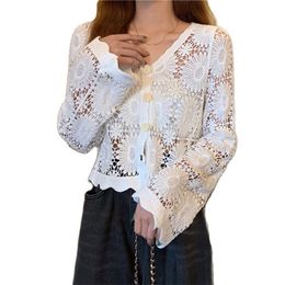 V-neck knitted top summer chic hollow lace thin cardigan all-match sun protection jacket women 210520