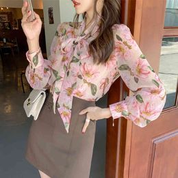 spring chiffon shirt floral blouse streamer shirt long-sleeved bow shirt JXMYY 210412