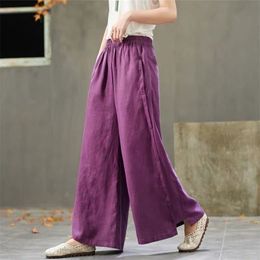 Summer Arts Style Women Elastic Waist cotton linen Wide Leg Pants Vintage Solid Loose Femme Trousers Plus Size S786 210512