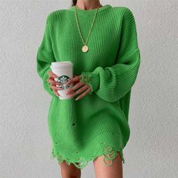 Y2k Knitted Women Sweater Dress Oversize Winter Sexy Pullovers Night Party Wear Hollow Streetwear Long Sleeve Loose Clothes 211215