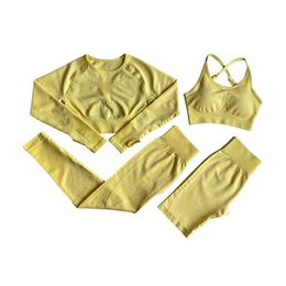 2021 SeamlLeggings Women Gym Set Female High Waist Yoga Pants Tracksuit Women FitnClothing Long Sleeve Top Workout Bra X0629